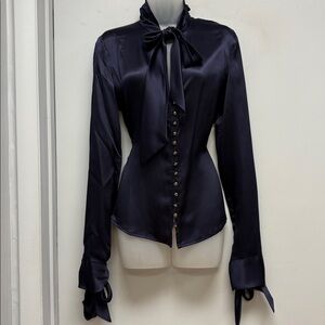 VERSUS Versace Navy Silk Bow Blouse – Gold Button Detail (US 8) | NWT